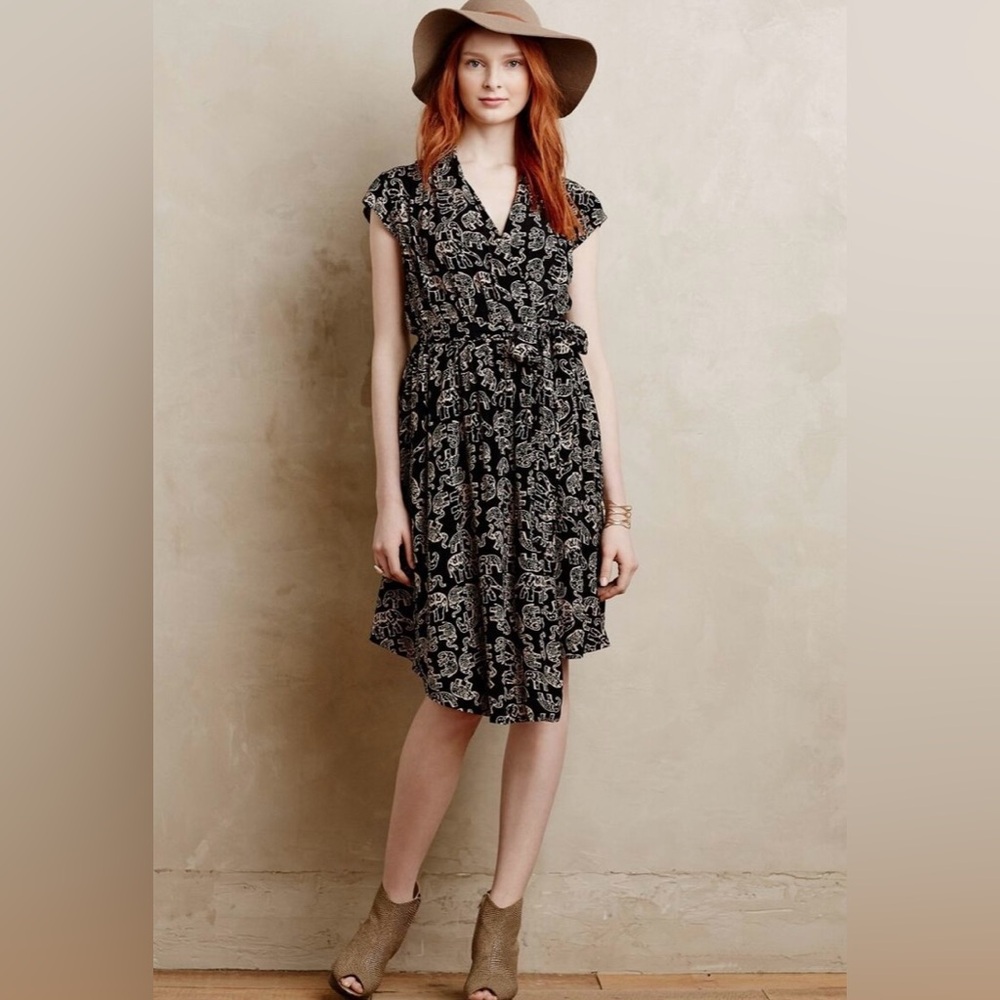 Anthropologie Maeve NORONHA BLACK ELEPHANT MOTIF faux wrap dress size medium